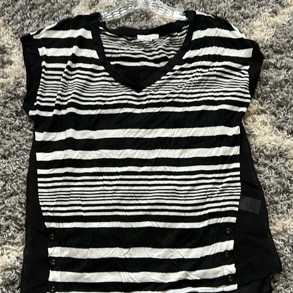 Black and white V-neck tee shirt. Back is shear black